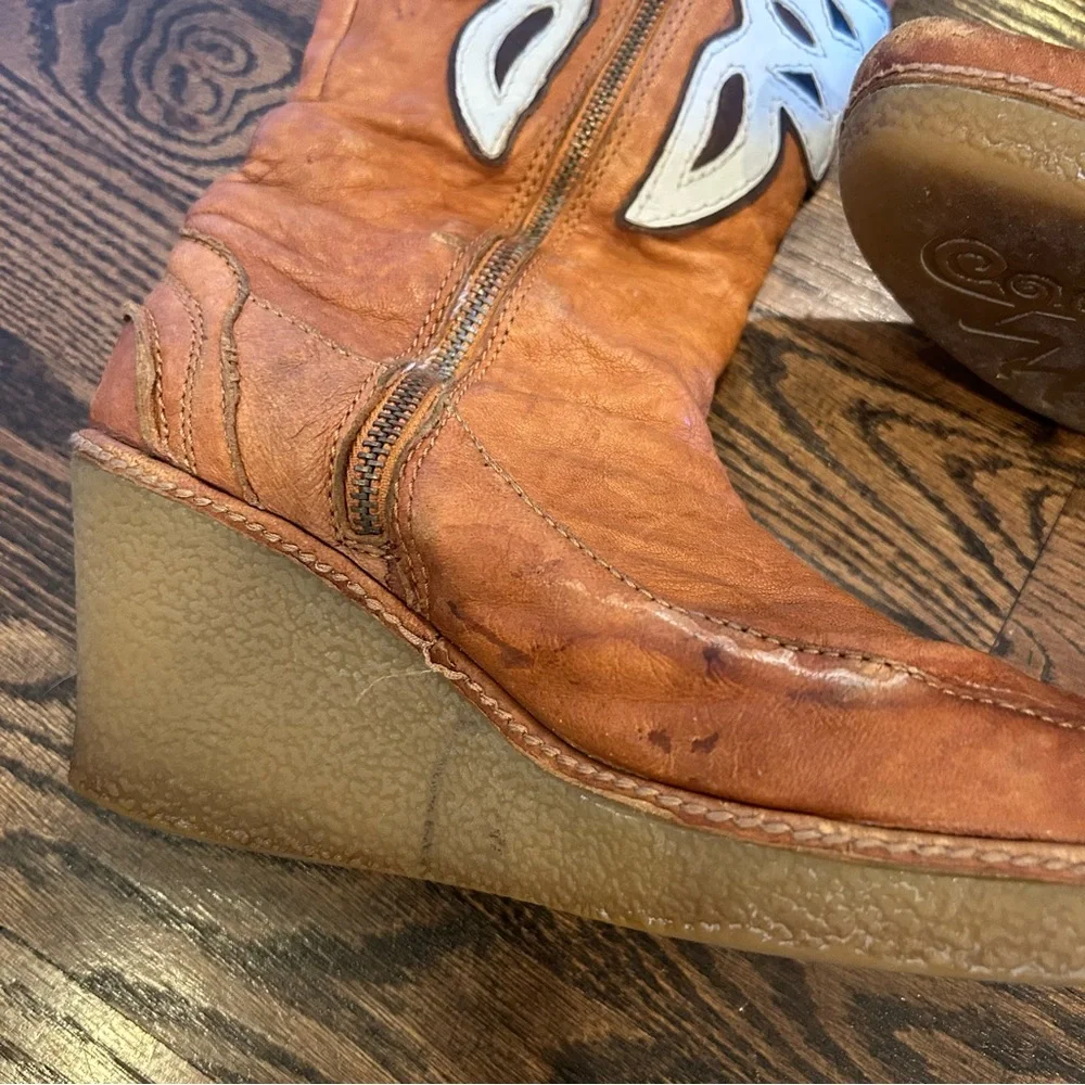 70s Fur Lined Brown Leather Platform Wedge Boots - Picture 4 of 6